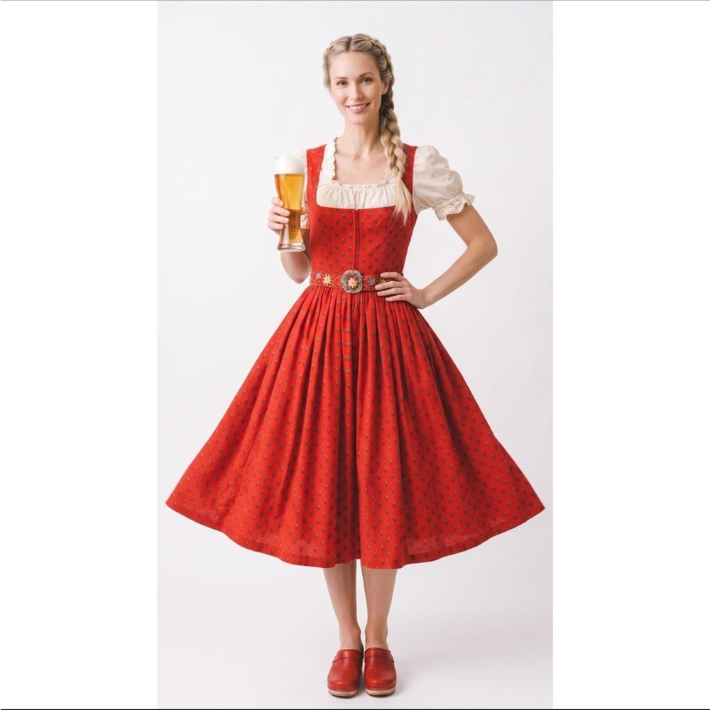 Vintage Lanz of Austria Red/Orange Sleeveless Dirndl Dress with Belt Detail